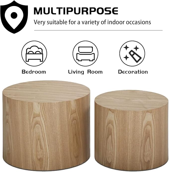 Nesting Coffee Table Set of 2, Modern Round Coffee Table with Non-Slip Feet, Oak Wooden Circle Accent Tables for Small Spaces Living Room Bedroom Balcony Office Drum Side Table