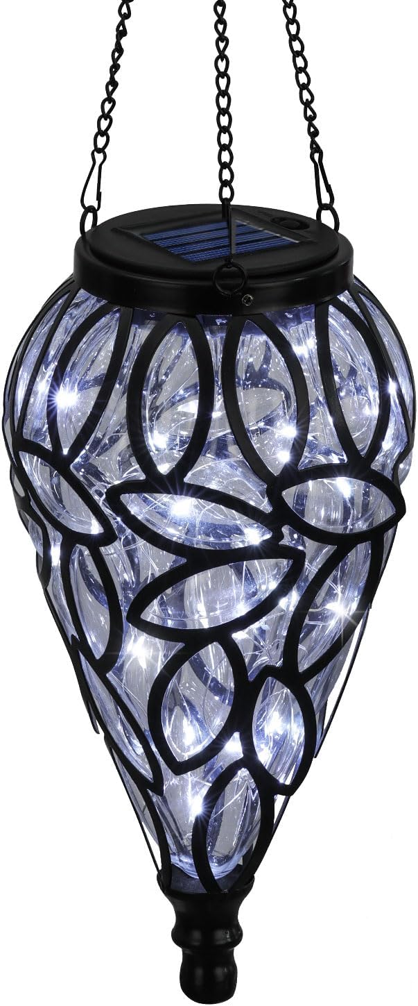SUNNYPARK Outdoor Plastic Solar Hanging Lantern, 15 Cool White LEDs Twinkle Effect Tear-Shaped Hanging Lantern Decor Garden Decorative Solar Lights for Backyard, Patio and Lawn
