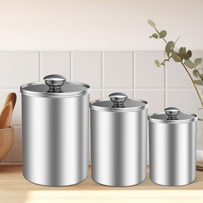 ENLOY Stainless Steel Food Storage Container Set of 3, 88/61/29 oz with Clear Glass Lids - Ideal for Coffee, Tea, Sugar, Flour Canisters