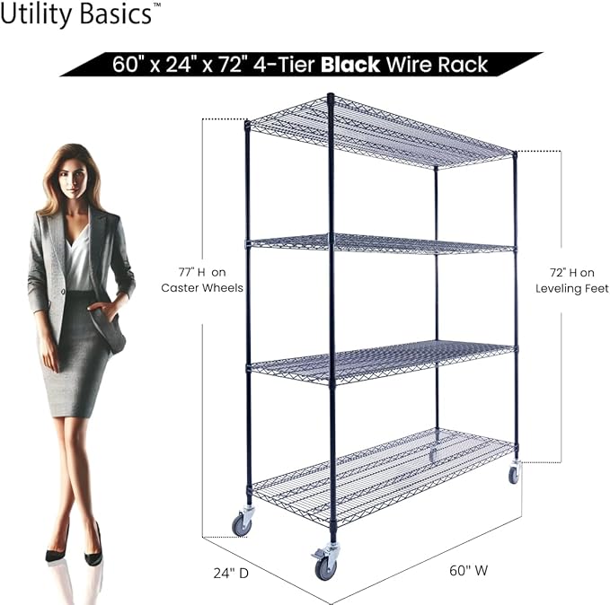 60"x24"x72" Premium Metal Steel 4-Tier Wire Shelving NSF 3200 LBS MAX Capacity Heavy Duty Storage Rack for Hospitals, Schools, Commercial Spaces, and Garages w/Premium Wheels
