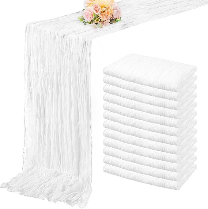 10FT 12 Pack White Cheesecloth Table Runner 20 x 120 Inch Long Rustic Gauze Cheese Cloth Table Runner for Wedding Bridal Baby Shower Table Decorations Boho Fabric Sheer Birthday Party Table Decor