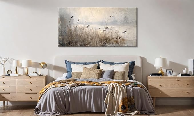 LASMOND Vintage Meadow Wall Art for Living Room Reed Grass Canvas Painting Prints Large Retro Rustic Cottagecore Countryside Landscape Farmhouse Bedroom Artwork Home Decor (30x16 Inches)