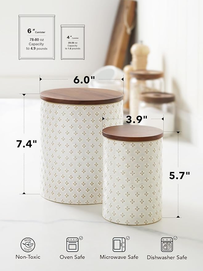 LE TAUCI Food Storage Containers with Airtight Lids, 78/25 oz Ceramic Sugar Canisters Sets, Embossed Large Jars for Pasta, Oats, Coffee Bean, Cookies, Rice, Grains, Tea - Set of 2, Clover