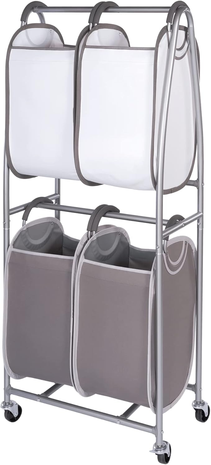 Neatfreak - 2 Tier Vertical Rolling Laundry Cart - Rolling Storage Cart On Wheels With 4 x Tote Hampers For Laundry, Towels, Blankets & Bathroom Organization - Quad Laundry Sorter