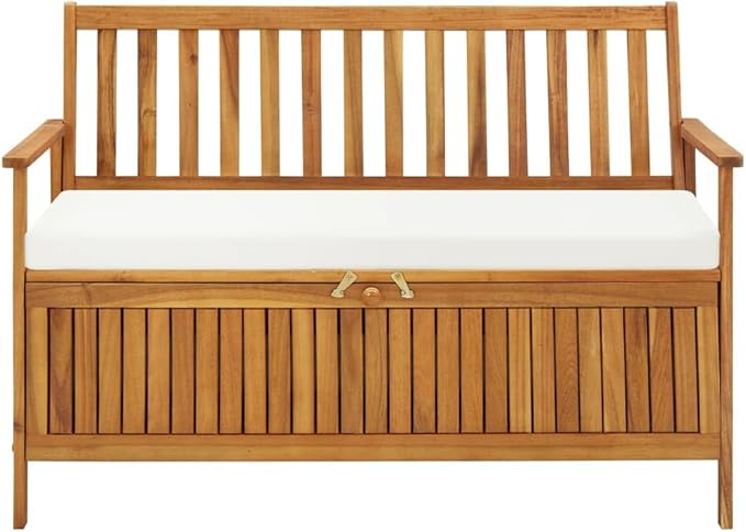 vidaXL Solid Acacia Wood Outdoor Storage Bench with Backrest, Armrests, and Cushion - 47.2"x24.8"x33.1" Rustic Patio Furniture with Large Storage Compartment