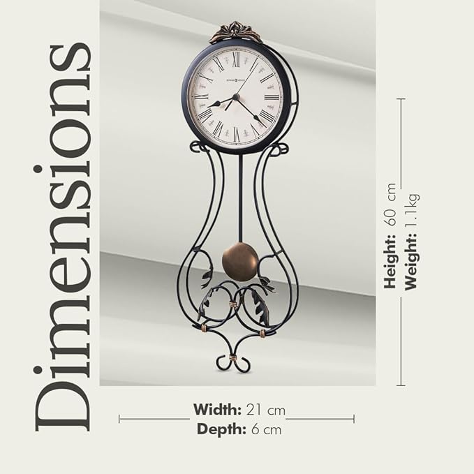 Howard Miller Paulina Wall Clock, Gray Finishes with Golden Pendulum & Quartz Movement, Classic Round White Dial with Roman Numeral Perfect for Home Decor, Living Room & Office Wall Mount