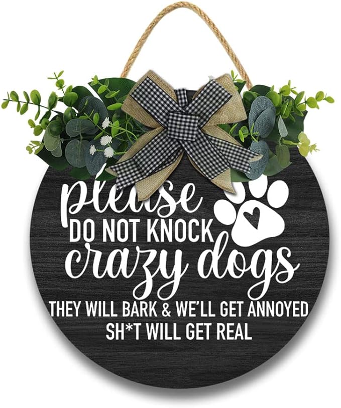 Crazy Dog Hanging Wall Sign for Front Door Home Kitchen Decor Rustic Wooden Round Sign Wall Decoration for Kitchen Dining Room Living Room Bedroom Outdoor