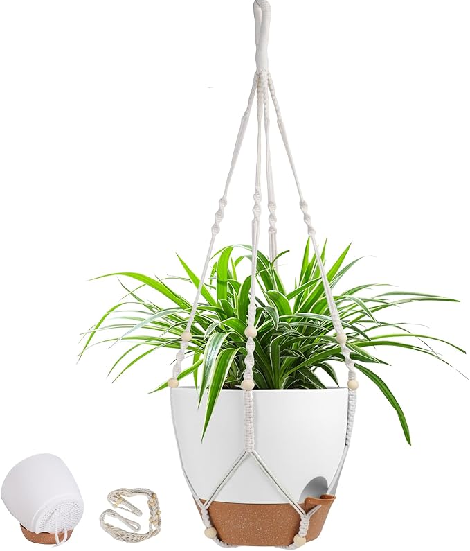 41.5 Inch Macrame Plant Hanger Indoor Outdoor with 12 Inch Flower Pot, Hanging Planter for Plants Holder with Wood Beads for Boho Home Decor (Ivory+White)