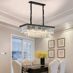Modern K9 Crystal Chandelier Pendant Light Fixture, Rectangular Ceiling Lamp with 8-Lights for Dining Room & Kitchen, Finished in Chrome, L33.5 Inch