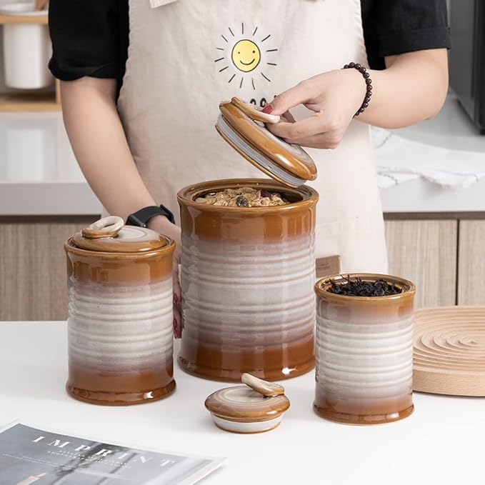 Nihow Ceramic Food Storage Jar: 22 FL OZ Container with Air Tight Ceramic Lid for Coffee/Salt/Peper/Tea/Sugar/Spice - Seal Damp-proof Canisters Sets for The Kitchen - Piece of 1 (Brown)