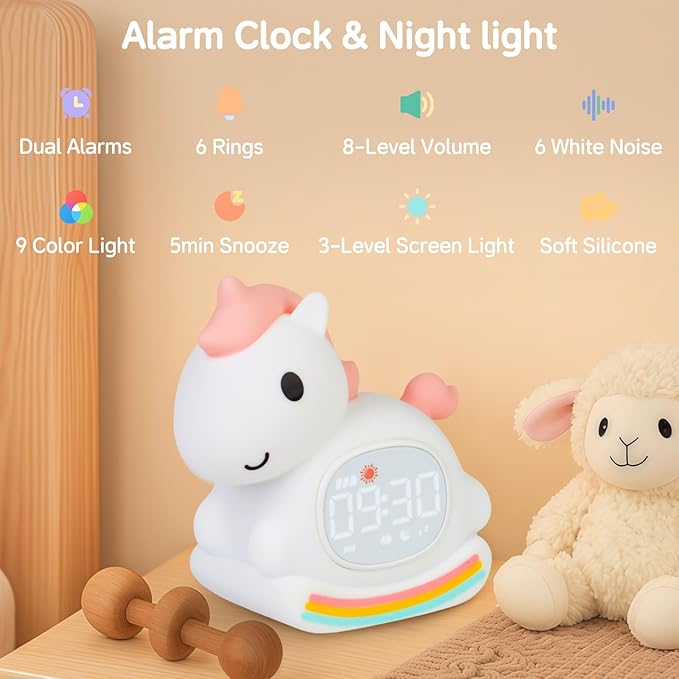Cute Alarm Clock for Kids with Night Light, Sleep Training Clock Time to Wake Clock, Rechargeable Silicone Light for Bedroom, Perfect Sleep Companion for Boys Girls, Pink Pony