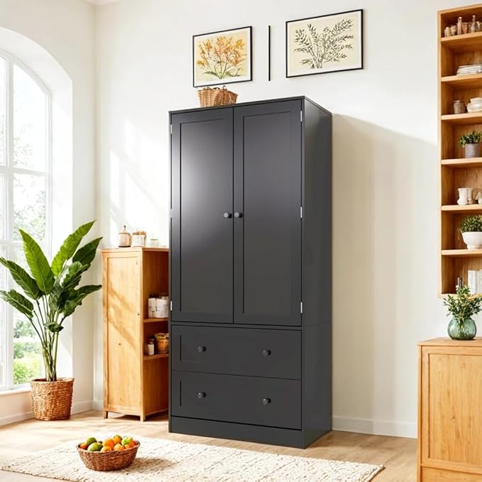 64.2" Tall Black Kitchen Pantry, Storage Cabinet with Doors and Drawers, Freestanding Wooden Organizer for Kitchen, Dining Room