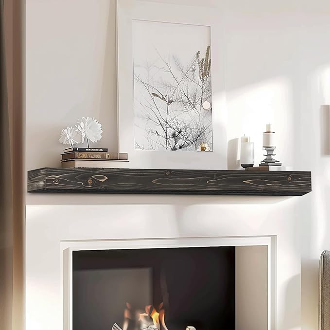 56x8x3 Fireplace Mantel - Handcrafted Hollow Rustic Solid Wood Wall Mounted Floating Shelf with Invisible Heavy Duty Wood Bracket (Weathered Black)