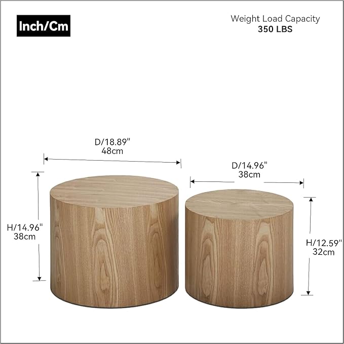 Nesting Coffee Table Set of 2, Modern Round Coffee Table with Non-Slip Feet, Oak Wooden Circle Accent Tables for Small Spaces Living Room Bedroom Balcony Office Drum Side Table