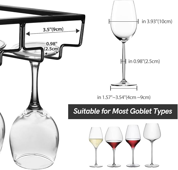 Xverycan Wine Glass Rack Under Cabinet, 8 Row Extreme Large Stemware Hanger, Metal Wine Goblet Holder, DIY Bar Glass Storage Rack for Bar Counter, Kitchen, Screws Included (Black)