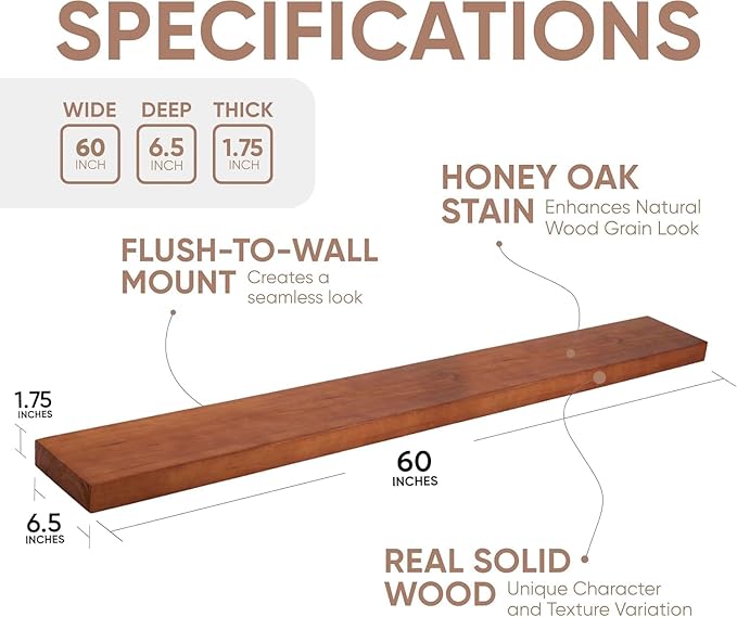 Homeforia Floating 60 inch Oak Shelves, High End Solid Real Wood 60inch Floating Shelf for Wall Mounted, Honey Oak Wooden 60in Large Floating Shelves, Heavy Duty Bracket, 60 X 6.5 X 1.75 in, Set of 2