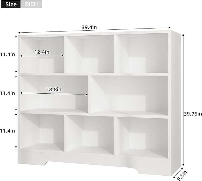 Book Shelf Set of 2, 8 Cubes Storage Organizer, 3-Tier Open Shelf Wooden Bookcase, Freestanding White Bookshelf Cube Shelf for Bedroom, Living Room, Home Office