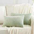 Fancy Homi 2 Packs Sage Green Lumbar Decorative Throw Pillow Covers 20x28 Inch for Living Room Couch Bed, Rustic Farmhouse Boho Home Decor, Soft Striped Corduroy Rectangle Accent Cushion Case 50x70 cm