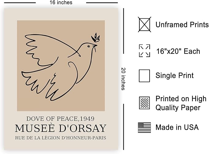 Poster Master Vintage Poster - Dove Print - Bird Art - Line Drawing - Sketch Art - Gift for Boys, Girls & Animal Lover - Minimal Decor for Kid's Room or Nursery - 16x20 UNFRAMED Wall Art