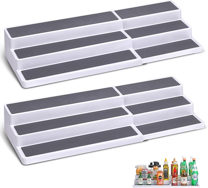 3 Tier Expandable Spice Rack Organizer, White/Grey Plastic Spice Rack, Adjustable Length 14.6In-25.8In, 2 Pack Non-Skid Tiered Spice Shelf Organizer for Kitchen Cabinet, Cupboard, Pantry