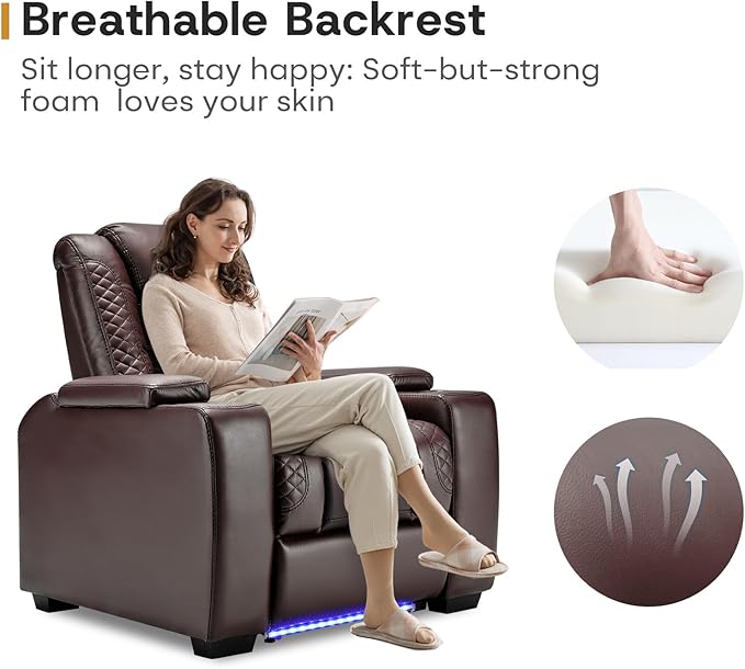 ANJ Power Home Theater Seating, PU Leather Electric Recliner Chair with Powered Headrest, Dual Motors Movie Reclining Chairs with LED Lights,USB Port, Cup Holders, Hidden Arm Storage (Brown)