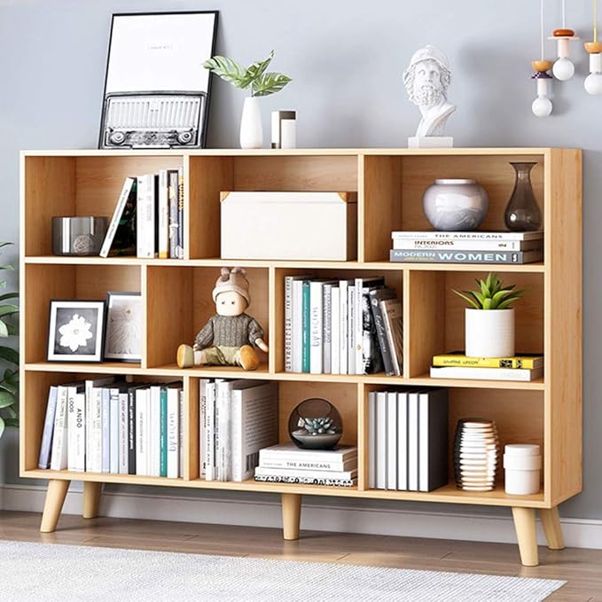 IOTXY Wooden Open Shelf Bookcase - 3-Tier Floor Standing Display Cabinet Rack with Legs, 10 Cubes Bookshelf, Pear Yellow