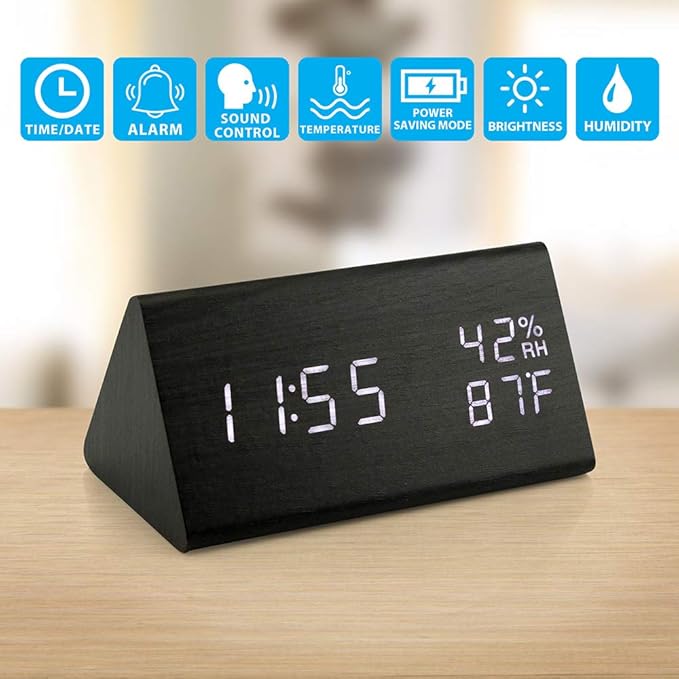 OCT17 Wooden Alarm Clock, Smart LED Digital Clock for Bedroom/desks, Upgraded with Time Temperature, Adjustable Brightness and Voice Control, Humidity Displaying - Black