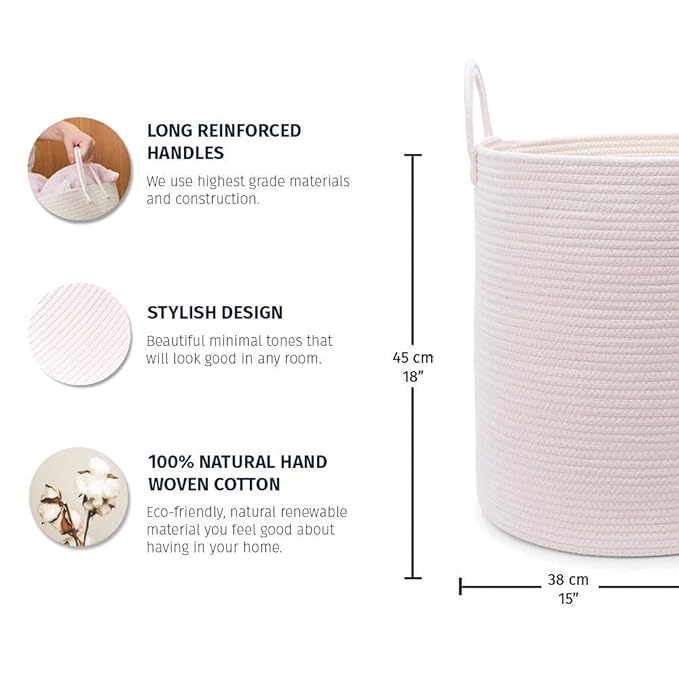 OrganiHaus White Laundry Basket 15x18, Cotton Rope Basket for Blankets, Tall Woven Baskets for Storage, Large Basket for Toys, Soft Blanket Holder Bin, Boho Blanket Basket for Living Room
