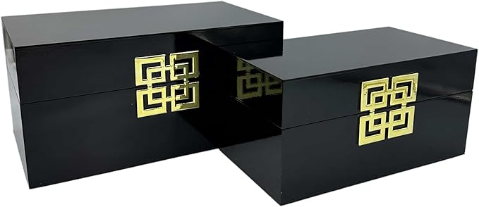 Galt International Storage Box Set Decorative Storage Box w/Hinged Lid Classic Design Wood Decor Boxes with Geometric Clasp Storage for Bedroom & Home - Set of 2 (Black & Gold)