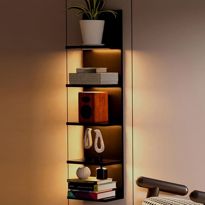 5 Tier Wall Shelf Unit, Black Modern Vertical Lack Wall Shelves with Light, Wall Mount, Floating Column Home Decor Shelves for Bedroom, Living Room, Vanity Storage Display