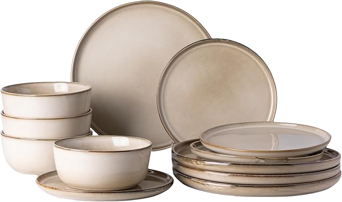 GBHOME Ceramic Dinnerware Sets for 4, 12 Pieces Stoneware Plates and Bowls Sets, Scratch Resistant Dishes, Dishwasher & Microwave Safe, Reactive Glaze-Cappuccino
