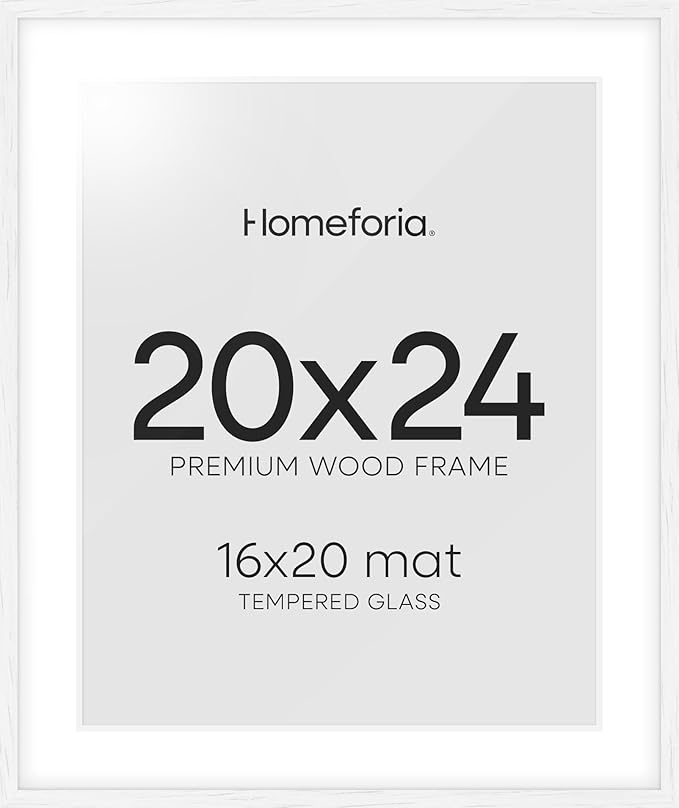 Homeforia 20x24 White Picture Frame, High End Oak 20x24 White Wood Frame with Mat 16x20 Photo, 20 x 24 Wooden Poster Frames Matted to 16 by 20, 24x20 Hanging Frames, Tempered Glass, Wall Kit, Set of 1