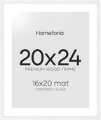 Homeforia 20x24 White Picture Frame, High End Oak 20x24 White Wood Frame with Mat 16x20 Photo, 20 x 24 Wooden Poster Frames Matted to 16 by 20, 24x20 Hanging Frames, Tempered Glass, Wall Kit, Set of 1