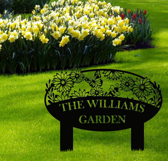 Custom Metal Garden Sign, Flower Sign with Stakes, Personalized Garden Decor for Outside, Garden Family Name Sign, Outdoor Steel Yard Sign, Large Patio Garden Sign Art, Housewarming Gift