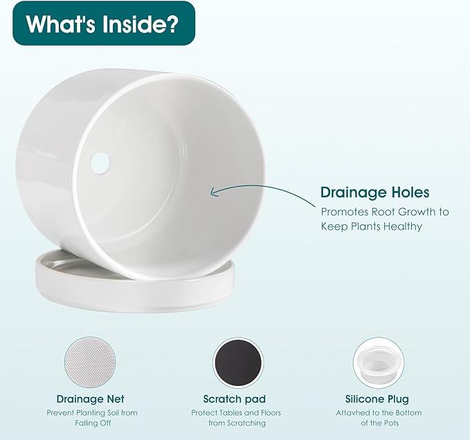 vancasso Ceramic Plant Pots, 8.25 Inch Ceramic Pot for Plants, Planters Pots for Indoor Plants with Drainage Holes, Flower Pot for Indoor House Plant, White