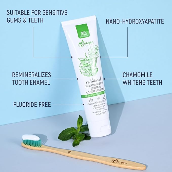 Natural Fluoride Free Toothpaste - Nano Hydroxyapatite, Remineralizing, Sensitive Teeth, Whitening & Zero Waste Tube - Dentist Recommended for Adult & Kids Oral Aloe Vera & Chamomile (2 Pack, Aloe)