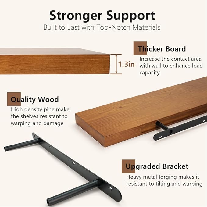 Habudda Floating Shelves, Wall Shelf for Bathroom Bedroom Kitchen, Natural Pine Real Wooden Shelves, Wall Mounted, 100% Pine, Set of 2, 30 Inches Long, Honey Oak