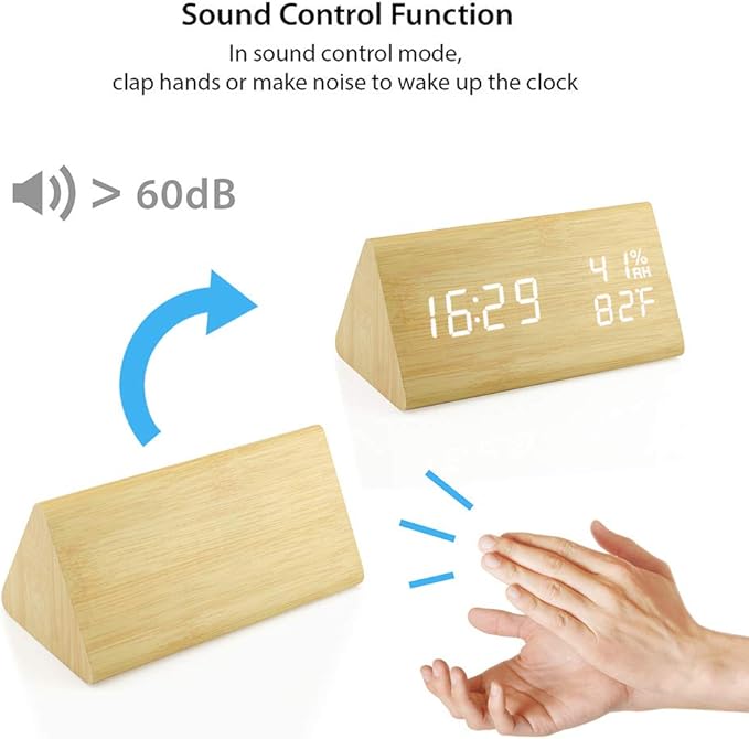 OCT17 Wooden Alarm Clock, Wood Alarm Clock Smart LED Digital Clock for Bedroom/desks, Upgraded with Time Temperature, Adjustable Brightness and Voice Control, Humidity Displaying - Bamboo