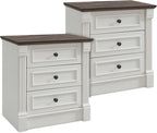 26" Tall Farmhouse Nightstand Set of 2, 3 Drawers End Table w/Charging Station, 23.6" Wide Large Side Table w/Roman Column, Wood Rustic Sofa Table for Bedroom, White