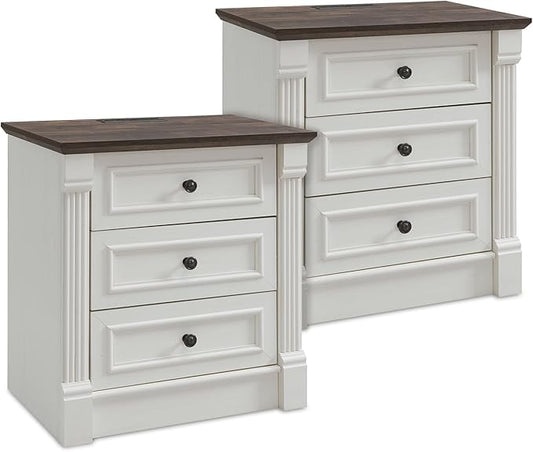 26" Tall Farmhouse Nightstand Set of 2, 3 Drawers End Table w/Charging Station, 23.6" Wide Large Side Table w/Roman Column, Wood Rustic Sofa Table for Bedroom, White