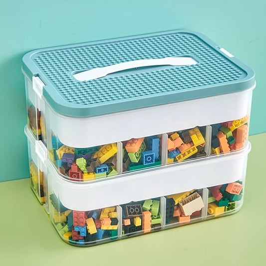 Toys Organizer Storage Case for Lego Box Kids Toy Stackable Building Blocks with Lids Bins Adjustable Lego Storage Containers Plastic Toy Box Green 2 Layers