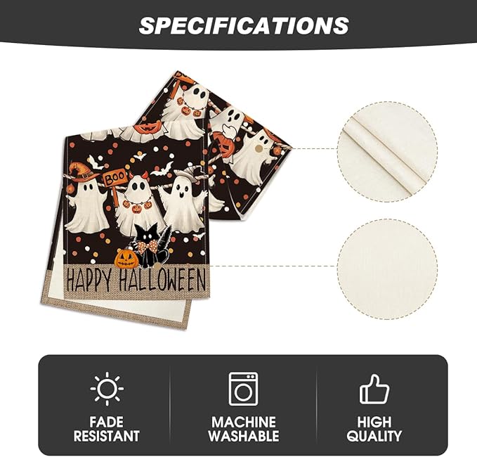 Artoid Mode Ghost Jack-O'-Lantern Black Cat Halloween Table Runner,Holiday Kitchen Dining Table Decoration for Home Party Decor 13 x 90 Inch