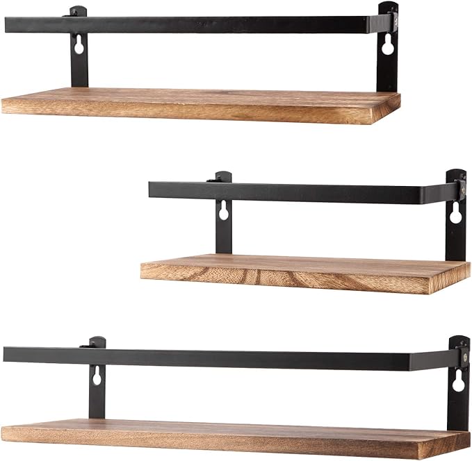 Floating Shelves Rustic Wood Wall Mounted Shelf Practical Metal Fence Design Ideal for Bedroom, Bathroom, Kitchen Set of 3(Carbonized Black)