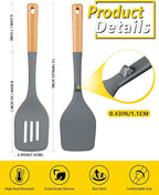 Pack of 2 Large Silicone Spatula, Heat Resistant Solid Turner, Non Stick Slotted Spatulas with Wooden Handle, Ideal Kitchen Utensils for Flipping, Pancakes, Eggs, Fish(GRAY)