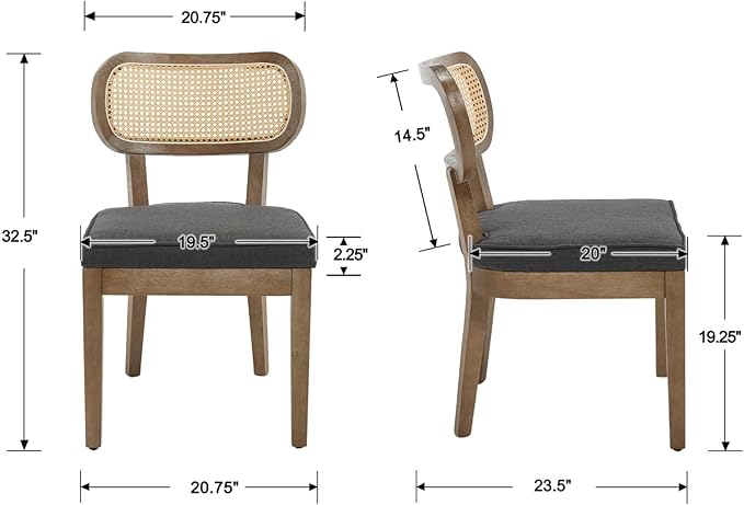 Rattan Dining Chairs Set of 2 Upholstered Linen Kitchen & Dining Room Chair with Curved Backrest Farmhouse Kitchen Chair Solid Wood Armless Side Chair for Dining Room/Restaurant, Black
