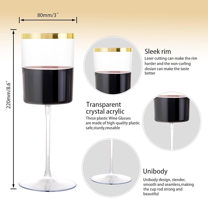 Ciaell 12 Pack Plastic Wine Glasses - 14 Oz Plastic Wine Glasses with Stem - Square Gold Disposable Stemmed Glass for Parties & Weddings & Outdoors & Thanksgiving