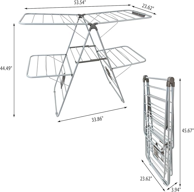 Large Capacity Double Drying Rack, Folding Rustproof Drying Rack with Non-Slip Clips and Drainage Shoe Rack, Height Adjustable, Airy and Quick Drying, Suitable for Balcony and Outdoor Use