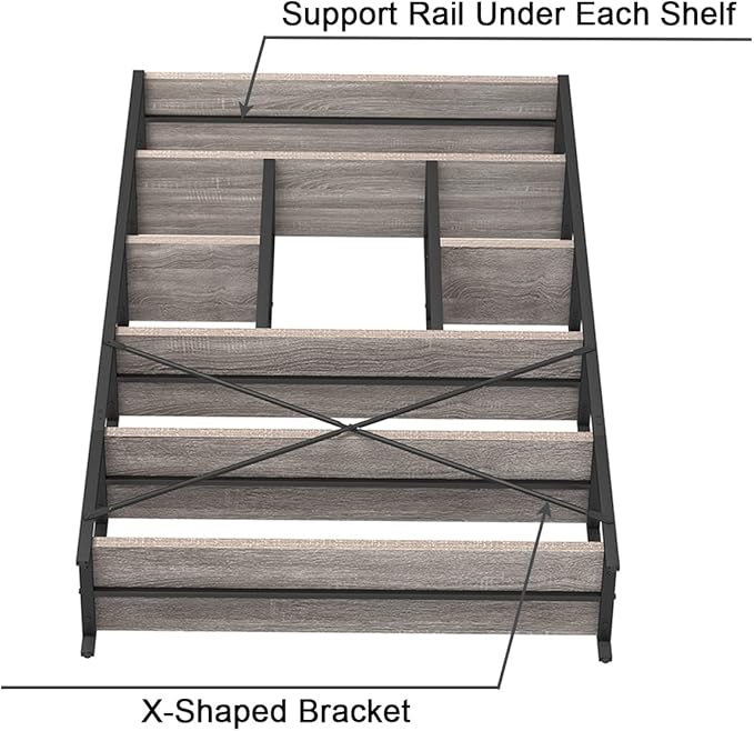 LVB Industrial 6 Tier Bookshelf, Large Tall Open Rustic Vintage Etagere Bookcase, Gray Big Wide Modern Farmhouse Wood and Metal Book Shelf for Home Bedroom Living Room Office Storage, Light Grey Oak