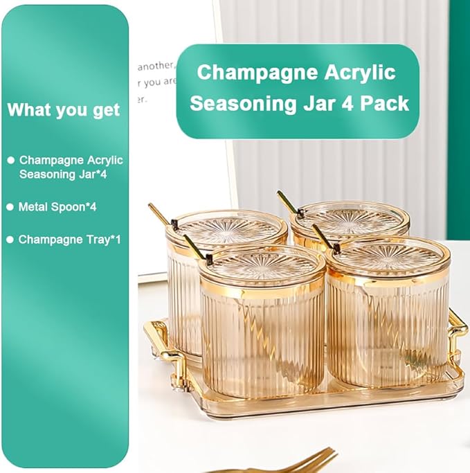 Acrylic Condiment Spice Jars,Condiment Spice Box With Lids and Spoons and Tray,Clear Plastic Condiment Canisters,Seasoning Box 4 Pack,Seasoning Box Set for Kitchen to Storage Salt,Paprika,Sugar
