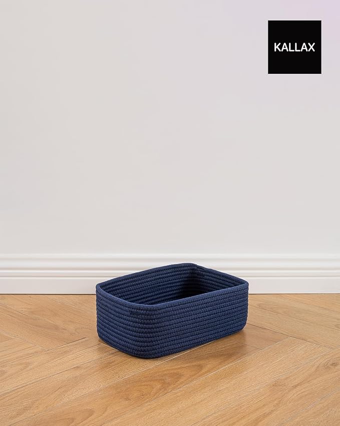 KALLAX Small Woven Basket, 12 x 8 x 4.5 Inches, Storage Basket for Organizing, Cute Small Rope Shelf Closet Cube Storage Bins Baskets for Shelves, Dog Toy Gift Baskets Empty, 3 Packs, Navy Blue